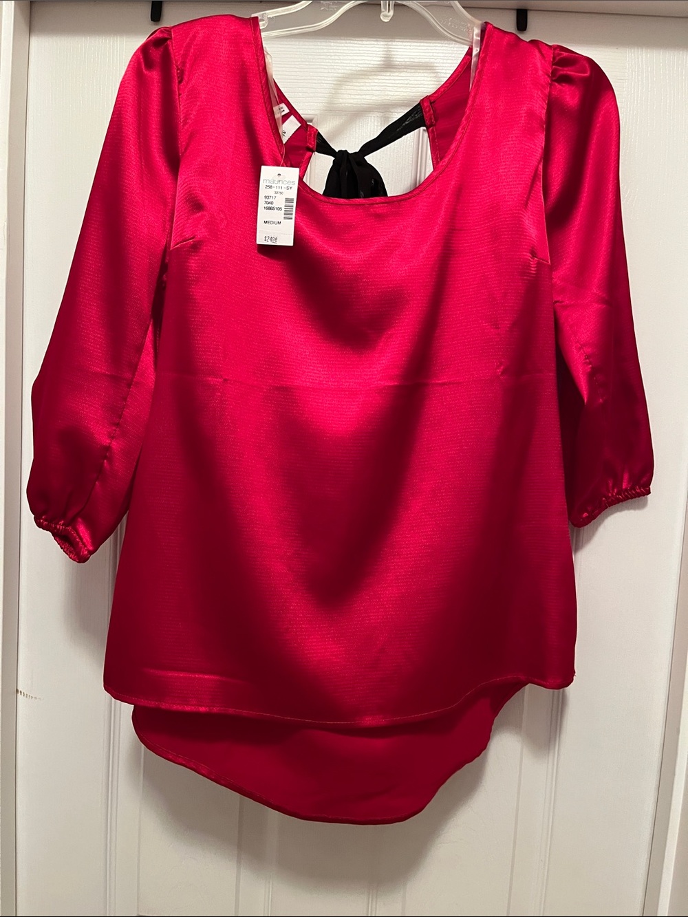 Maurices Hot Pink Satin Scoop Neck Blouse with Back Tie